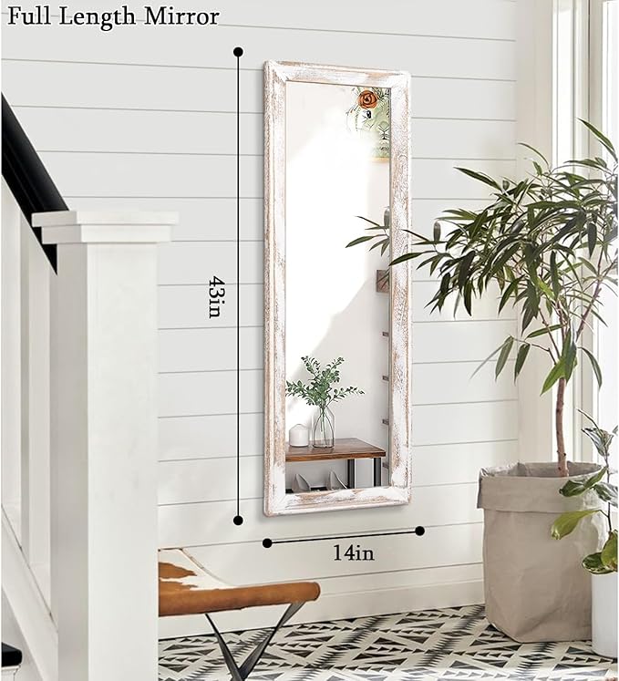AAZZKANG Wall Mirror Full Length with Wood Frame 43"x14" Rustic Large Full Body Mirrors Decorative for Bedroom Living Room Bathroom Entryway Hanging Rectangular White