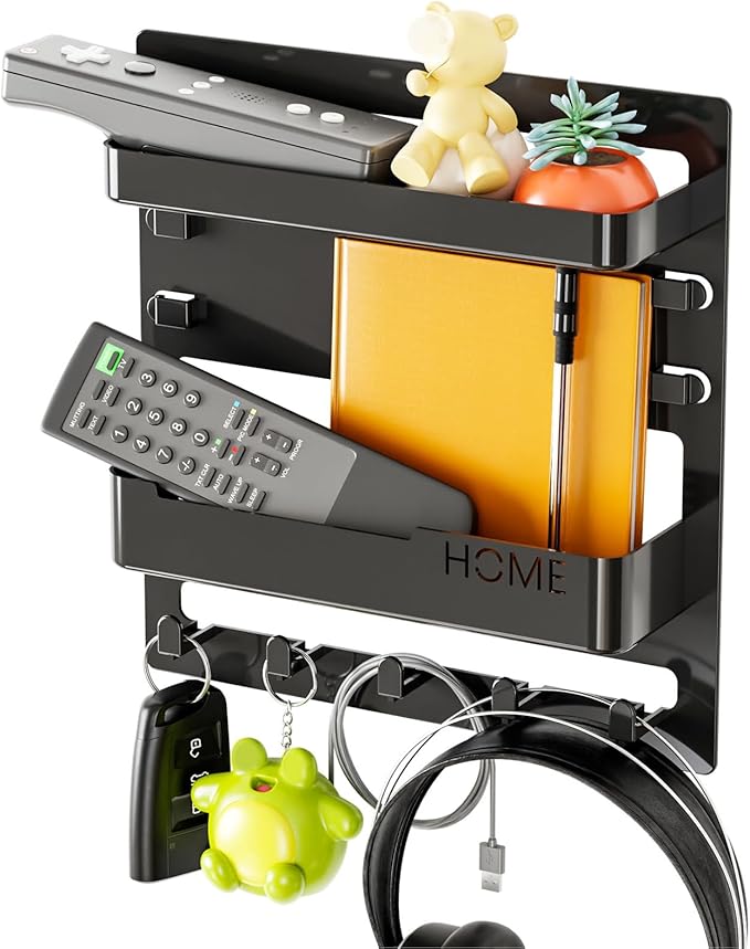 Ejoyous Bedside Shelf Wall Mount, Adhesive Phone Holder Organizer with Hooks and Cable Clips On Dorm Room, Wall Storage for Glasses Remote Earphone Cell Phone Charger Keys Snacks (Black)