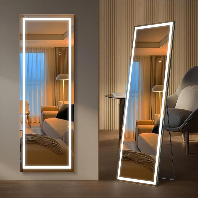 Kosmonia 67x24 Frameless Full Length Mirror, Dimmable 3 Color LED Light w/Memory Function, Distortion Free, HD Reflection & Anti Desilvering, Tempered Glass & Shatter Proof Film Doubling Safety