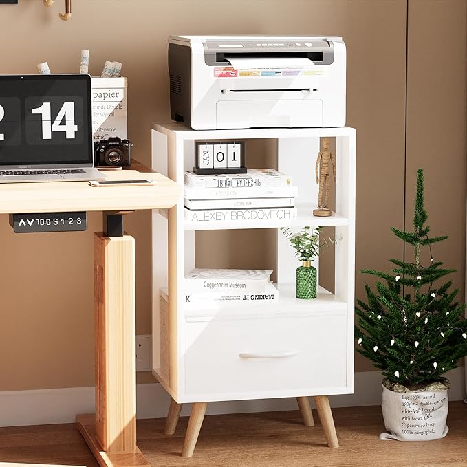 Night Stand, White Nightstand with Drawer, Side Table with Open Storage, 3-Tier Modern End Table, Bedside Table for Small Space, Living Room, Bedroom