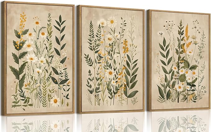 Wodkwq 3 Piece Vintage Floral Canvas Wall Art Framed,Large Wildflower Wall Decor，Neutral Farmhouse Botanical Daisy Wall Painting,Modern Floral Art Prints For Living Room,Bedroom,Office 16x24in