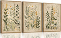 Wodkwq 3 Piece Vintage Floral Canvas Wall Art Framed,Large Wildflower Wall Decor，Neutral Farmhouse Botanical Daisy Wall Painting,Modern Floral Art Prints For Living Room,Bedroom,Office 16x24in