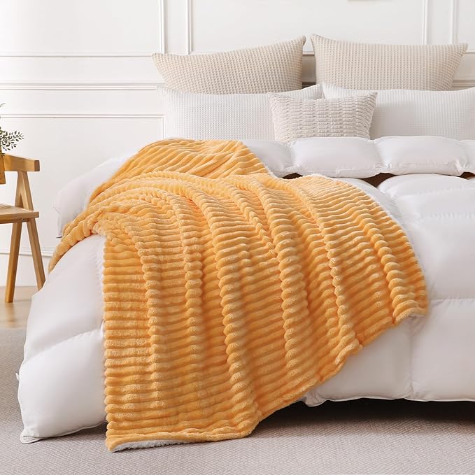 Warm Yellow Sherpa Fleece Throw Blanket 60”×80” for Couch Sofa Bed,Super Soft Cozy Plush Double Side Thick Flannel Blanket with Striped Design Lightweight for Adults,Woman,Girls
