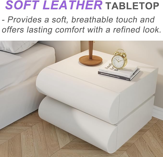 Modern Nightstand with Storage, Small Night Stand with Upholstered Leather Finish, 2 Solid Wood Drawers for Bedroom Bedside Couch