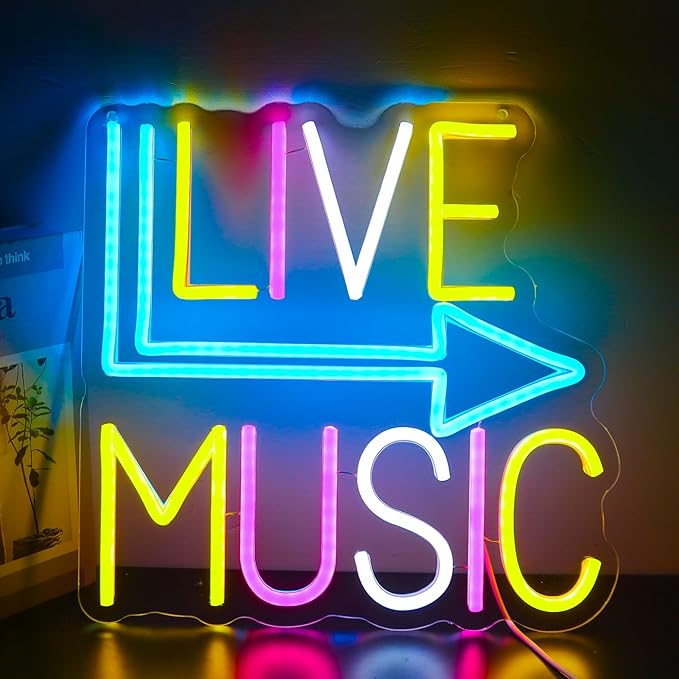 Live Music Neon Signs for Wall Decor，Led Neon Lightfor Live Room, Game Room, Broadcasting Room, Music Studio