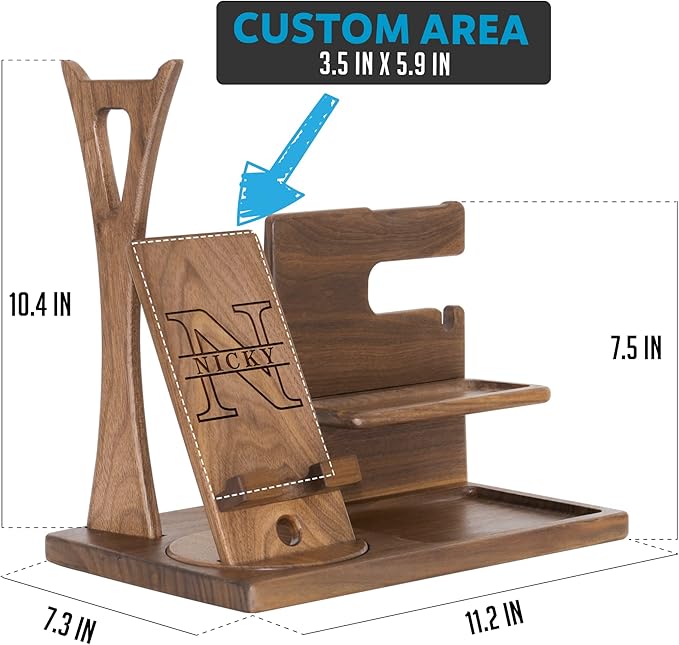 Personalized Desk Organizer for Men Him - Handmade Accessories Organizer with Rotating Phone Stand, Headphone Stand, Watch Holder
