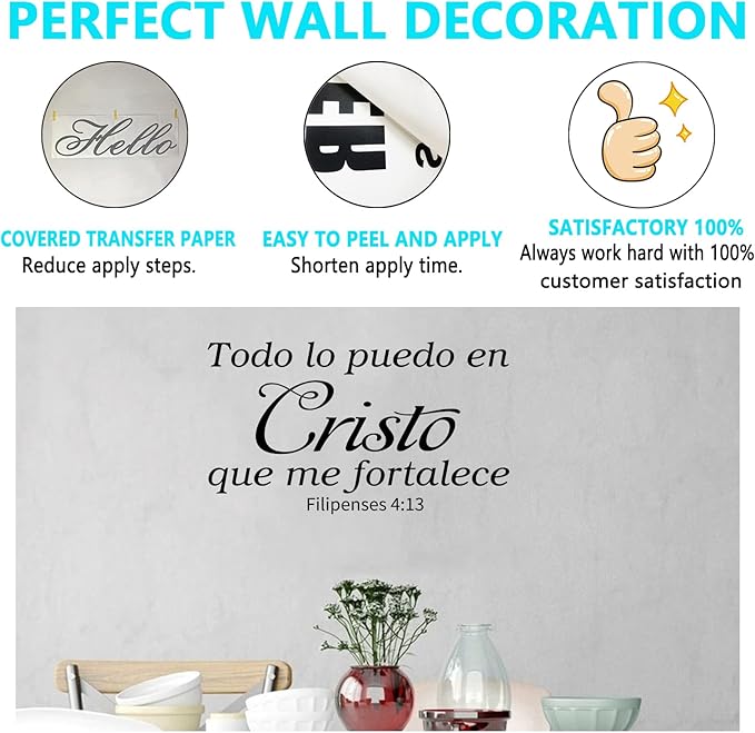 AnFigure Mensajes Cristianos En Español para Pared, Bible Verse Wall Decals, Faith Church Prayer Positive Quotes Home Art Decor Vinyl Stickers Spanish Todo Lo Puedo En Cristo Que Me Fortalece 28"x16"