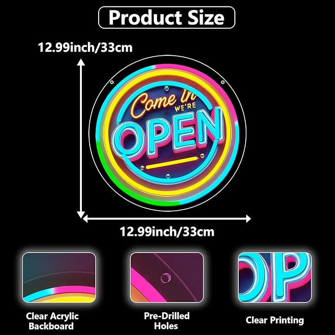 Neon Open Sign for Business, 13 * 13'' Colorful Adjustable Brightness Come in We’re Open Sign for Business Walls Window Party Bar Salon Shop Hotel
