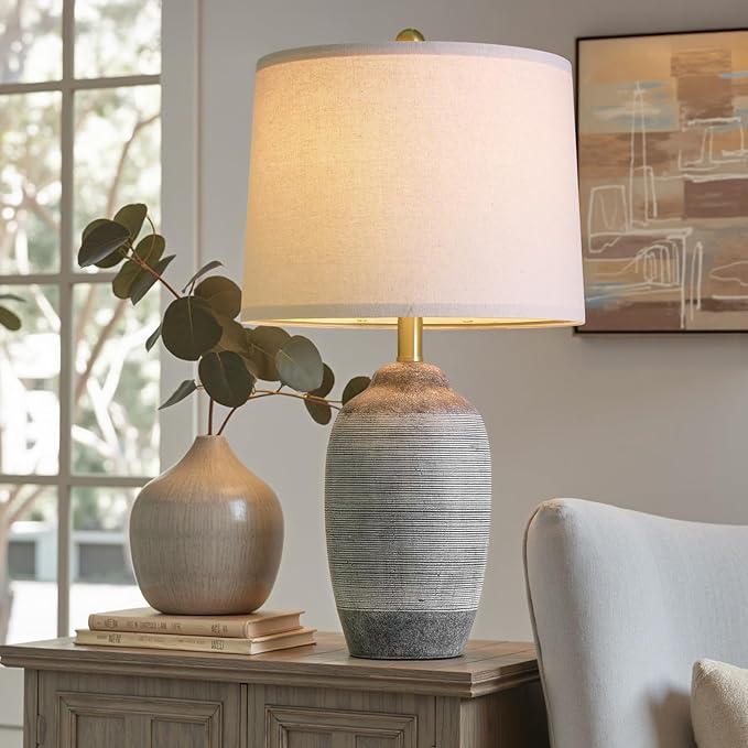 24.5" Vintage Ceramic Table Lamp with 5FT Cord,Single Farmhouse Rustic Bedside Lamp with Natural Textured Finish, Nightstand Lamps for Living Room, Bedroom End Table Office Rustic Black & Gray