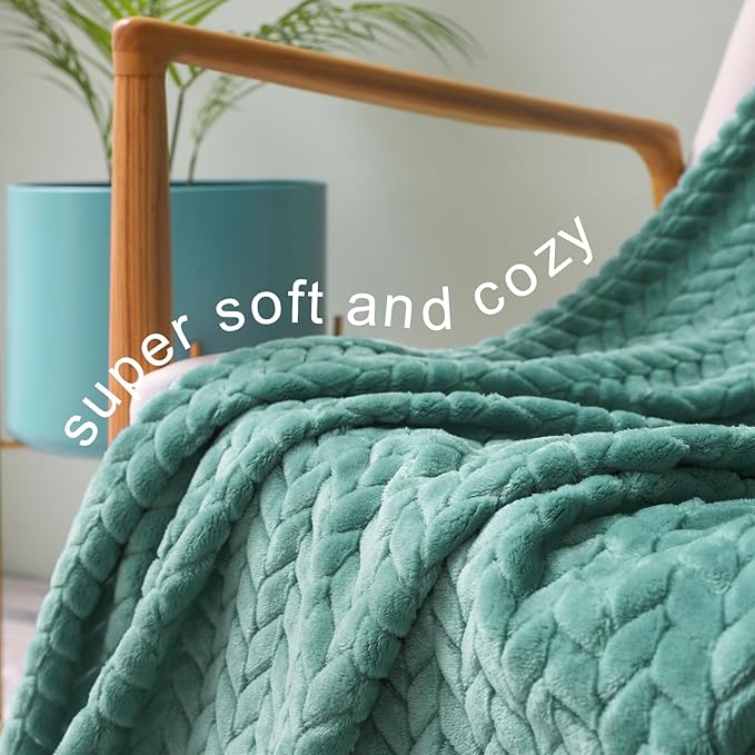 Exclusivo Mezcla Fleece Twin Size Blanket for Bed, 60x80 Inches Soft Cozy Jacquard Flannel Blankets, Lightweight Fuzzy Plush Warm for Women, Celadon