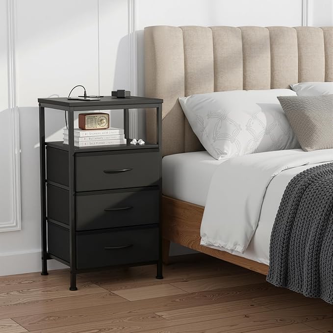 Sweetcrispy Nightstand with Charging Station, Bedside End Table with 3 Fabric Drawers & USB/Type-C Ports and Outlets, Night Stand for Bedroom Furniture, Adjustable Feet and Variable Light Strip, Black