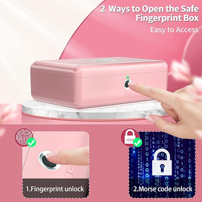 Biometric Fingerprint Storage Box, Portable Jewelry Cash Safe Storage Box, Rechargeable Lock Box for Car Home Office Travel (Pink)