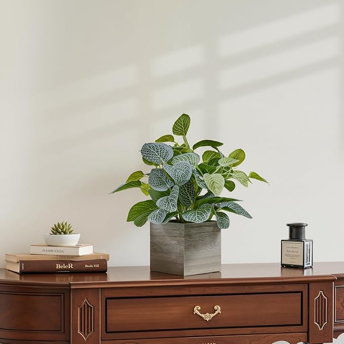 2 Pack Medium Fake Plants with 4 Inch Wooden Planters, 12" Tall Indoor Artificial Plants for Shelves, Desktop, Bedroom, Office Decor
