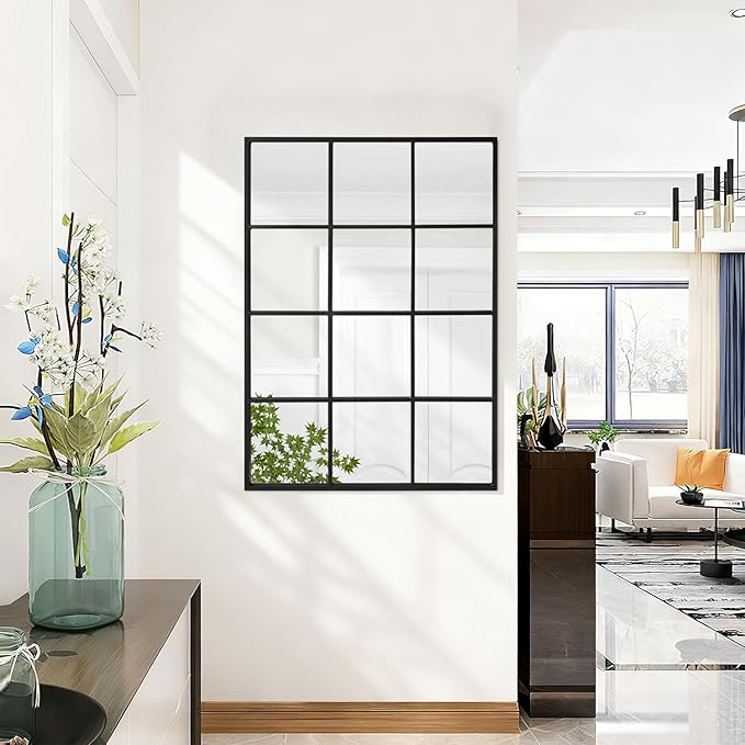Black Wall Mirror, Rectangle Metal Framed Mirror Modern Art Decorative Mirrors for Living Room Bedroom Entryway 20x28 Inch Decor