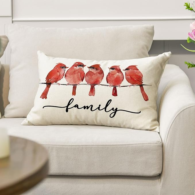 AVOIN colorlife Home Sweet Home Redbird Family Watercolor Throw Pillow Cover, 12 x 20 Inch Red Northern Cardinal Cushion Case Decoration for Sofa Couch