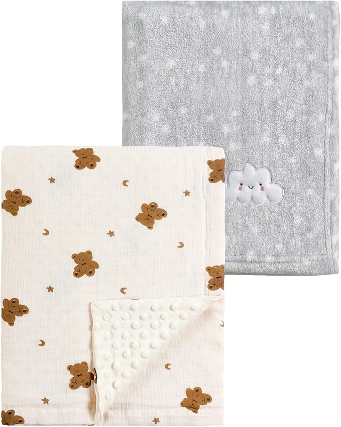 CREVENT 2Pcs 30''X40'' Cute Cozy Fluffy Warm Baby Blankets for Infants Toddlers' Bedding Crib Cot Stroller - Grey Cloud + Muslin Bear