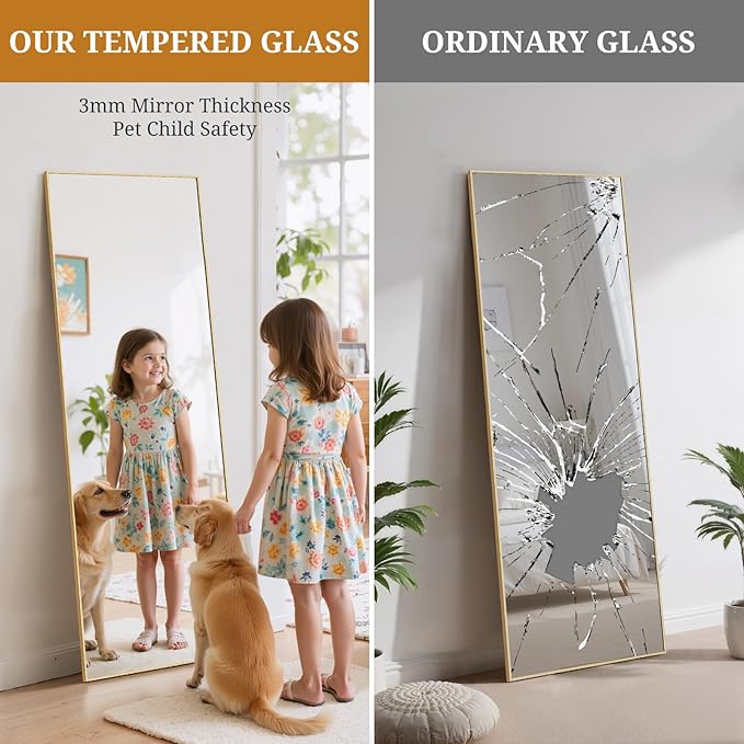 Full Length Mirror 56"x15" Full Body Mirror Rectangle Free Standing Wall Mounted Leaning Floor Mirrors with Stand Aluminum Alloy Frame for Bedroom Cloakroom, Gold