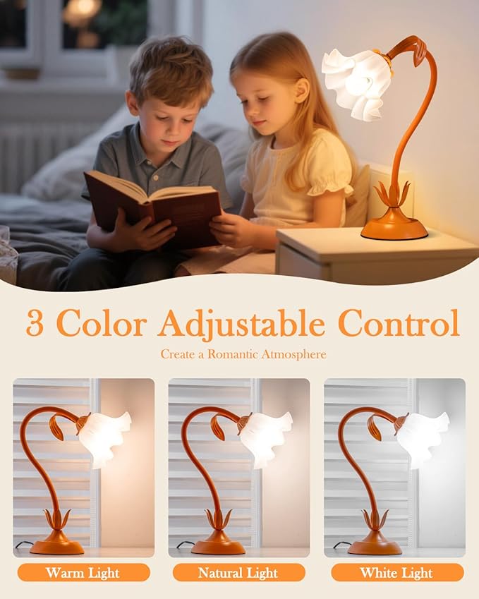 Flower Table Lamp, LED Reading Light Vintage Bedside Table Lamp with 3 Color Modes for Nightstand, Kawaii Decoration for Home Bedroom Living Room (Orange)