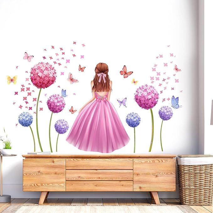 Pink Flower Wall Sticker Butterfly Fairy Girl Wall Decals DIY Purple Princess Removable Dandelion Floral Wall Decals Waterproof Decal Mural for Kids Nursery Bedroom