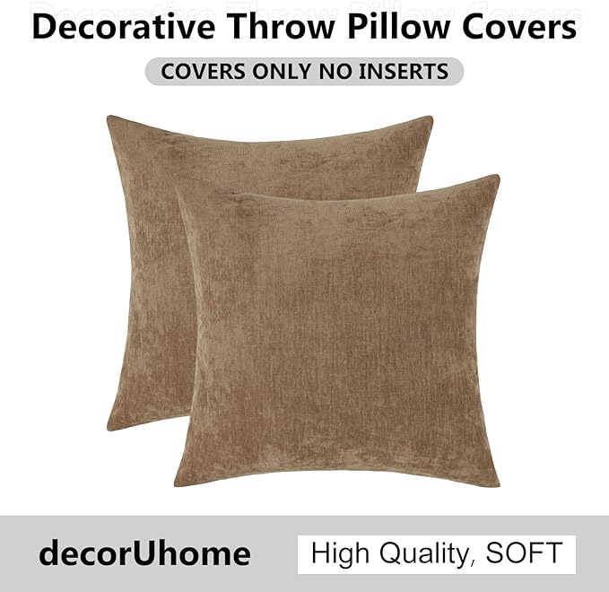 decorUhome Chenille Brown Throw Pillow Covers 18x18 Inch Set of 2, Decorative Soft Couch Pillow Covers Solid Dyed Accent Farmhouse Neutral Square Pillow Cases for Sofa