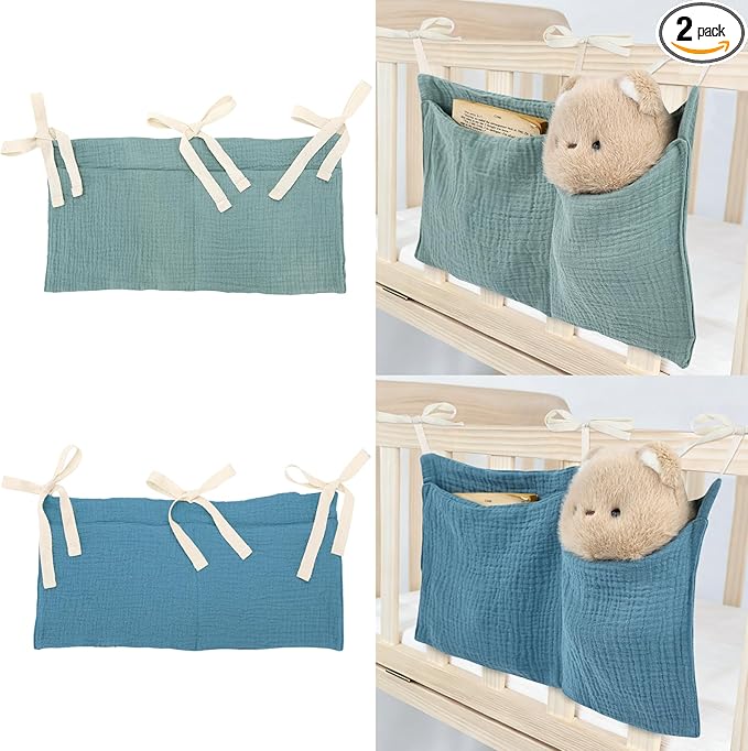 Cinaci 2pcs Cotton Pram Stroller Caddy Baby Crib Hanging Organizers Storage Pockets Nappy Diaper Bags Bedside Pockets for Milk Bottle/Soothing Toys/Wipes (Green Set)