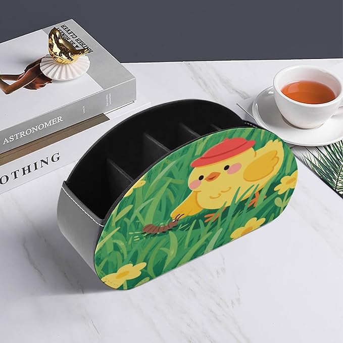 Yellow Chick in Grass Remote Control Holder Organizer Box with 5 Compartment PU Leather Bedside Storage Caddy Remote Organizer for Controller Media Player Pen/Pencil Storage