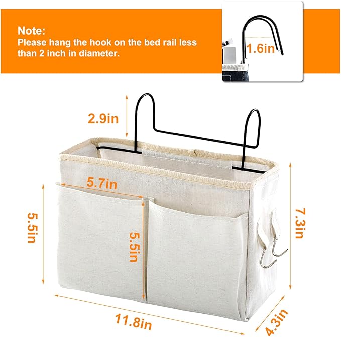 Surblue Bedside Caddy Bedside Storage Bag Hanging Organizer for Bunk, Hospital Beds, Dorm Rooms Bed Rails Camp 4 Pockets and 2 Hooks (White)