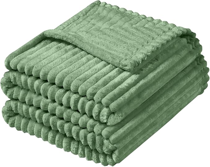 Vessia Flannel Fleece Twin Size Blanket for Bed,Couch,Sofa(60x80inch), 300GSM Microfiber Sage Green Striped Bed Blanket for Adults, Super Soft Warm Cozy Lightweight Ribbed Home Decor for All-Season