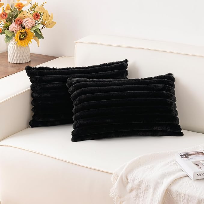 Aegero Pack of 2 Faux Fur Christmas Throw Pillow Covers 12x20 Inch, Soft Plush Striped Neutral Couch Pillow Cover, with Velvet Back Modern Home Decor for Sofa Living Room Couch Bed Black