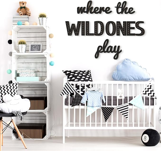 Where the Wild Ones Play Nursery Sign Wooden Playroom Wall Decor Playroom Decoration Word Play Room Sign for Wall Plaques(23 Inch,Black)