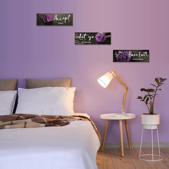 ZINYAZHE 3 Pcs Purple Wall Decor Inspirational Purple Bathroom Wooden Purple Rose Wall Art Office Wall Decor With Accept Let Go Have Faith Quotes For Girl Women Bathroom Bedroom(12 X 4 Inch)