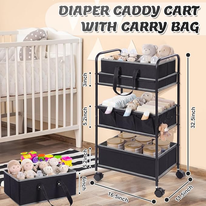Honeydak 2in1 Baby Diaper Caddy Organizer Cart 3 Tier Large Capacity Metal Utility Bedside Rolling Cart with Divider for Newborn Nursery Essential Must Have for Crib Bedroom Baby Shower(Black)