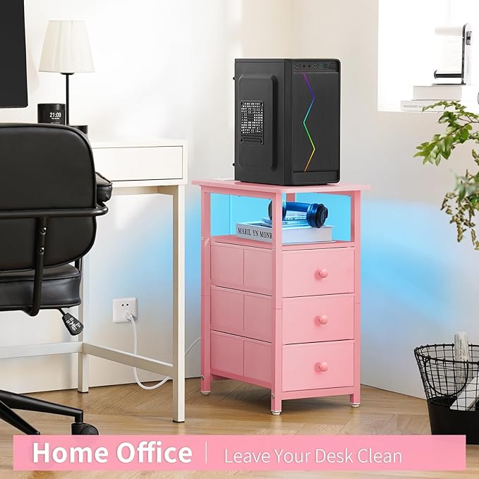 Yoobure End Table with Charging Station, Pink Narrow Nightstand LED Bedside Table, Small Night Stand End Tables Living Room, Skinny Nightstand with 3 Fabric Drawers, Side Table for Small Spaces