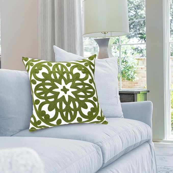 Alysheer Floral Embroidered Spring Decorative Throw Pillow Cover 18"x 18" Set of 2, Boho Farmhouse Embroidery Patterned Green Cushion Case for Sofa Couch Living Room Bedroom Outdoor