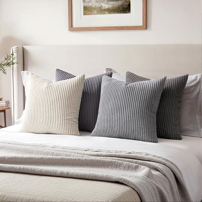 EMEMA Neutral Grey Decorative Throw Pillow Covers 18x18 Inch Set of 4 Boho Farmhouse Corduroy Striped Square Pillow Case,Western Modern Cushion Covers for Couch Bed Livingroom Home Decor