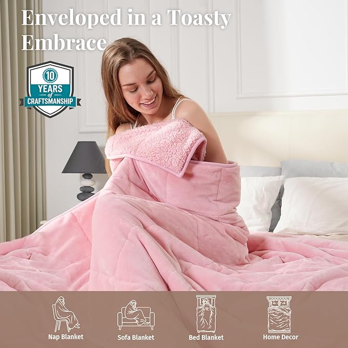 Topblan Sherpa Fleece Weighted Blanket for Adult, 12 lbs Dual Sided Cozy Fluffy Heavy Blanket, Ultra Fuzzy Throw Blanket with Soft Plush Flannel Top, 48 x 72 inches