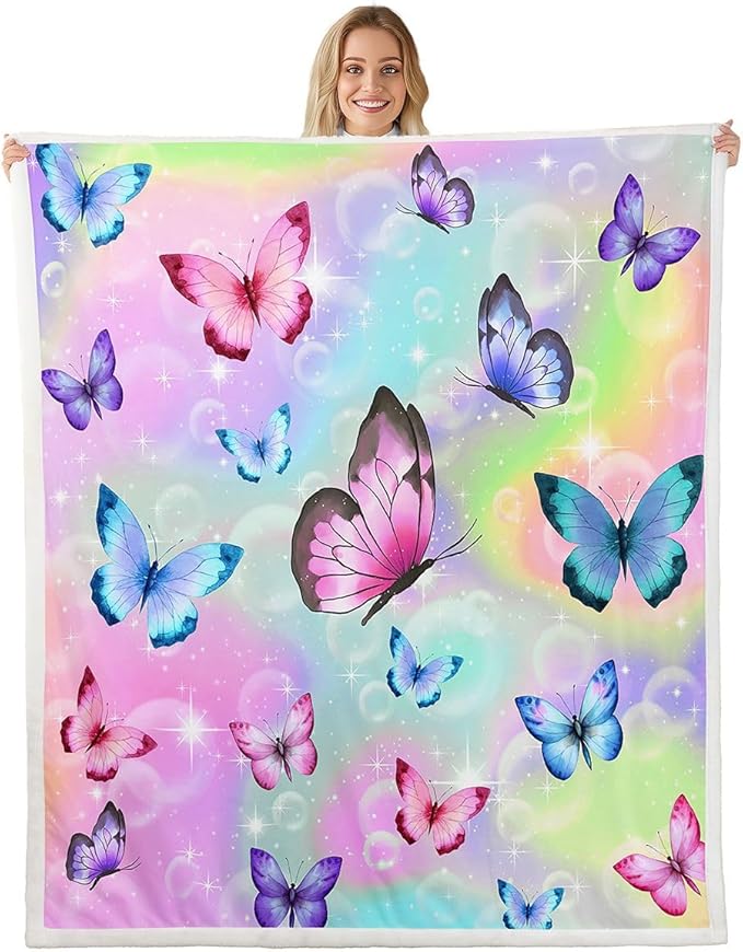 Erosebridal Rainbow Butterfly Fleece Throw Blanket Queen 90"X90",Colorful Butterfly Gifts for Girls Women Adult,Glitter Stars Galaxy Sherpa Blanket for Bed Couch,Soft Lightweight Flannel Blanket