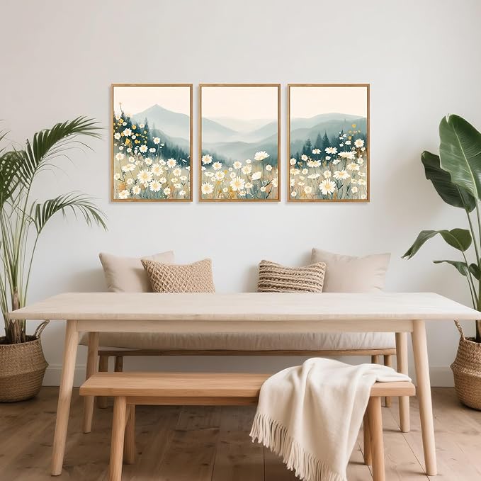 CHDITB Daisy Wall Art, Abstract Misty Mountain Wall Decor, Mountainside Daisies Wall Painting, Farmhouse Flowers artwork Nature Floral Landscape Art Prints for Living Room Bedroom Decor 12"X16"x3