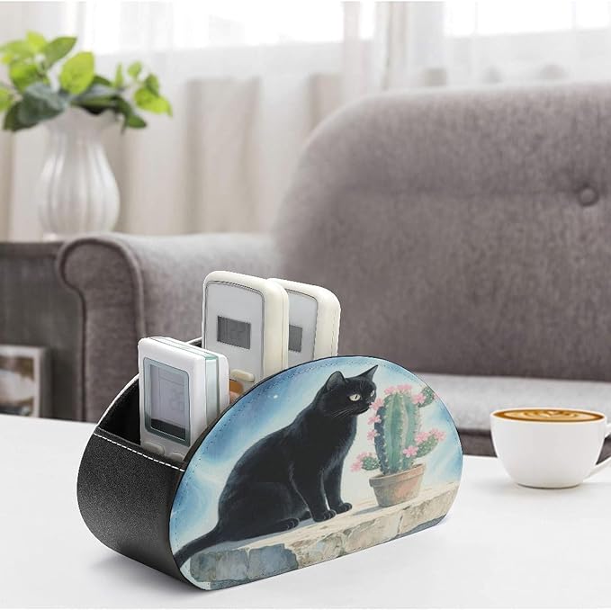 Black Cat Cactus Remote Control Holder Organizer Box with 5 Compartment PU Leather Bedside Storage Caddy Remote Organizer for Controller Media Player Pen/Pencil Storage