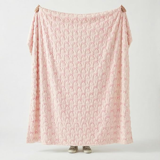 Horaldaily Easter Solid Blanket Throw, Pink Rabbits Bow Soft Fuzzy Plush Faux Fur Cozy Blankets for Couch Sofa Bed Lounging, Ideal Gifts for Kids Adults Wife Self, 50x60