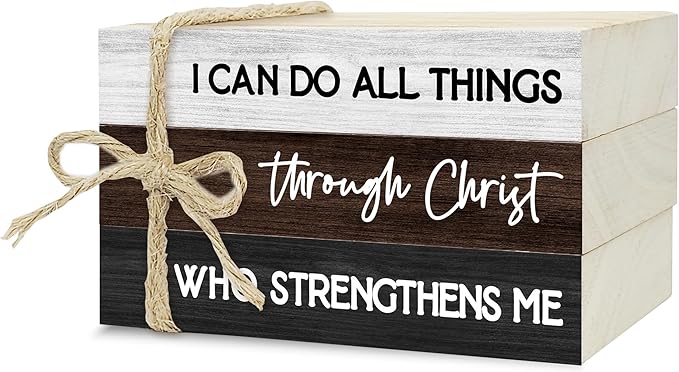 Decorative Books for Home Decor, Wood Book Stack for Table Decor, I Can Do All Things Through Christ Who Strengthens Me Decoration Books for Office Shelf, Farmhouse Stacked Books Decoration (L71)