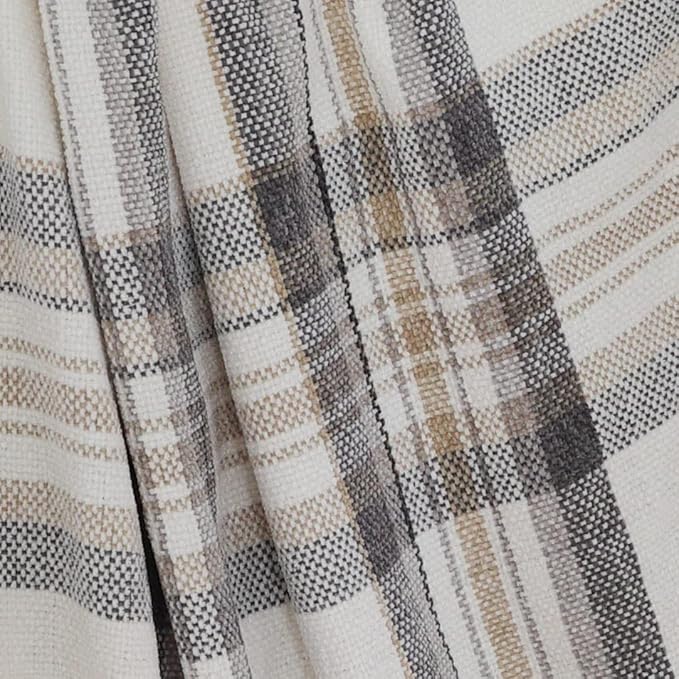 Taupe Grey and White Plaid Decor Tartan Blanket, Lightweight Soft Chenille Striped Knitted Rustic Farmhouse Throw with Tassels for Couch Sofa Chair Bed Office Home, 60" x 80"