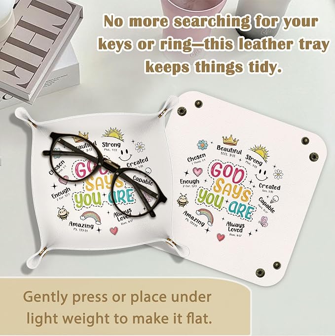 Christian Gifts - God Says You Are Bible Verses,Religious Gifts for Women，PU Leather Catchall Beside Caddy Nightstand Organizer Tray for Jewelry Rings Watches and Accessories, 7.87x7.87in