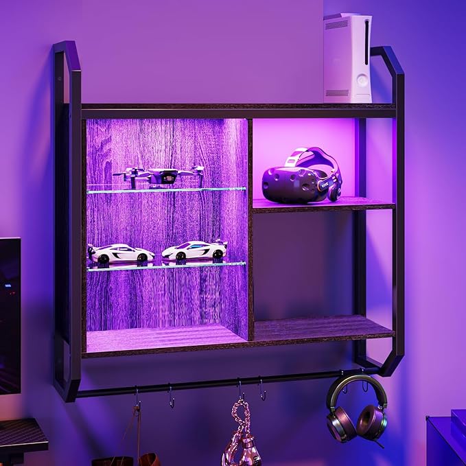 Bestier Gaming Floating Shelves, 34" LED Wall Mounted Shelf with Adjustable Glass Shelf, Pipe Shelves Hanging Display Rack Bookshelf with 6 S-Hook, Gaming Room Decor Wine Coffee Bar Black