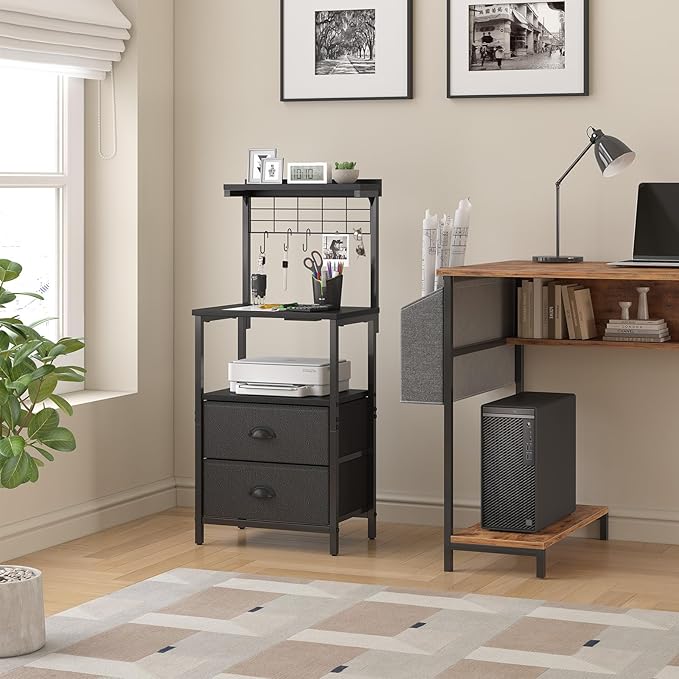 Bedside Tall Nightstands with Charging Station, LED Bedside Table for Bedroom - 3 PU Fabric Drawers, Hooks, USB/Type-C Ports & Open Bedside Storage Shelves, Black