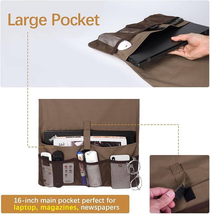 WOMACO Sofa Armrest Remote Magazine Holder, Non-Slip Armchair Recliner Caddy, Couch Arms TV Remote Control Organizer for Tablet, Phone, iPad, Laptop (Brown, 16" x 35" - 2 Pack)
