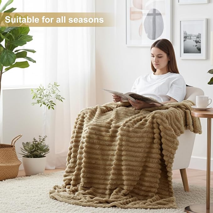 decorUhome Soft Fleece Brown Throw Blanket for Couch, Cozy Fluffy Plush Flannel Striped Blanket for Sofa Bed, Lightweight Decorative Ribbed Fuzzy Blanket for Woman, 50x60 Inches