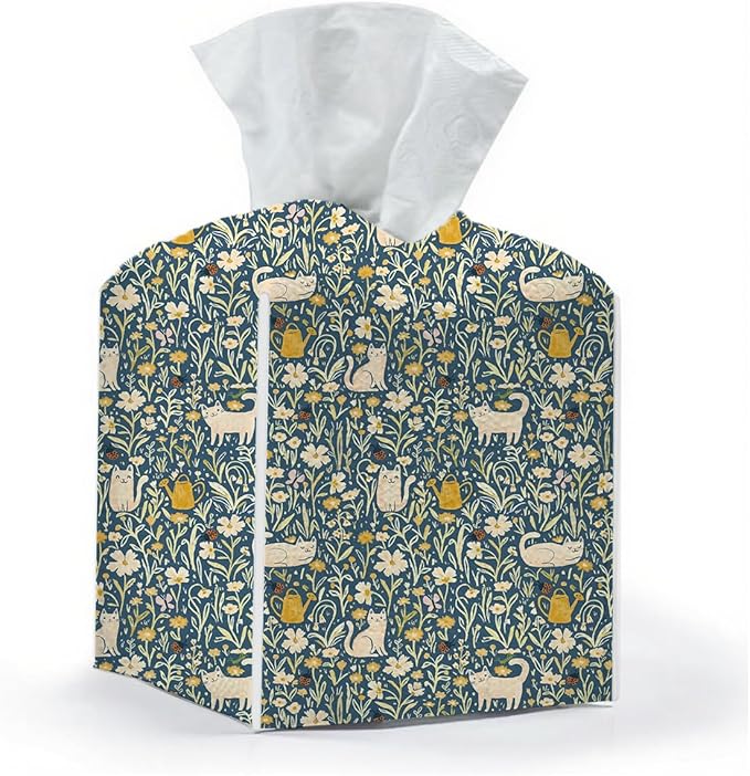 Tissue Box Cover, Tissue Box Holder, Square with Belt Bottom, PU Leather Decorative Organizer for Desk, Tabletop, Countertop Bathroom, Toilet Car, Office, Dresser Bedside, Cute Cat Flower Decor