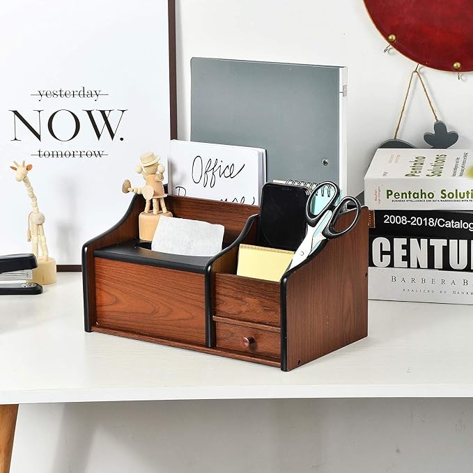 Cherry Brown Wood Desk Organizer Tissue Box Lid Multiple Slots Drawer Tabletop Storage Cabinet Solid Wood Phone Tablet Remote Control Holder Office Supplies Caddy Accessory Sorter Home