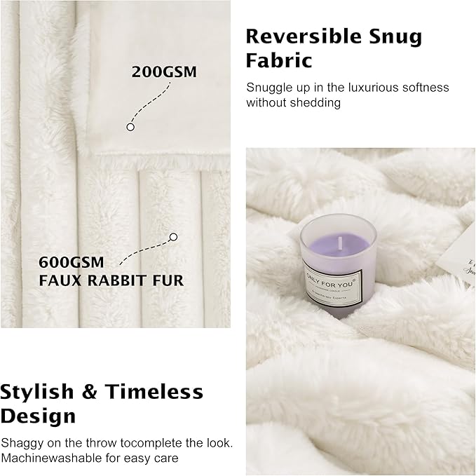 Faux Fur Throw Blanket for Couch,Cozy Soft Plush Thick Striped Luxury Blanket for Sofa Living Room Bedroom,50 * 60 Inches, White